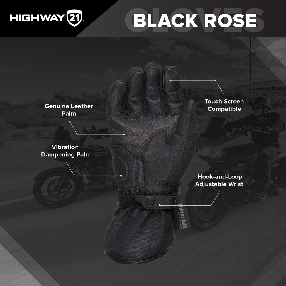 Highway 21 Women's Black Rose Cold Weather Motorcycle Gloves
