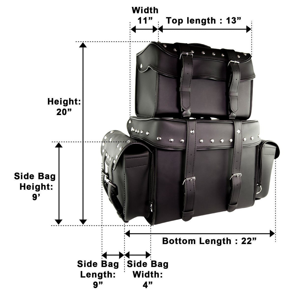 Vance SB3 Studs Black Premium Large Motorcycle Luggage Travel Touring Sissy Bar Rack Bag-Sizing