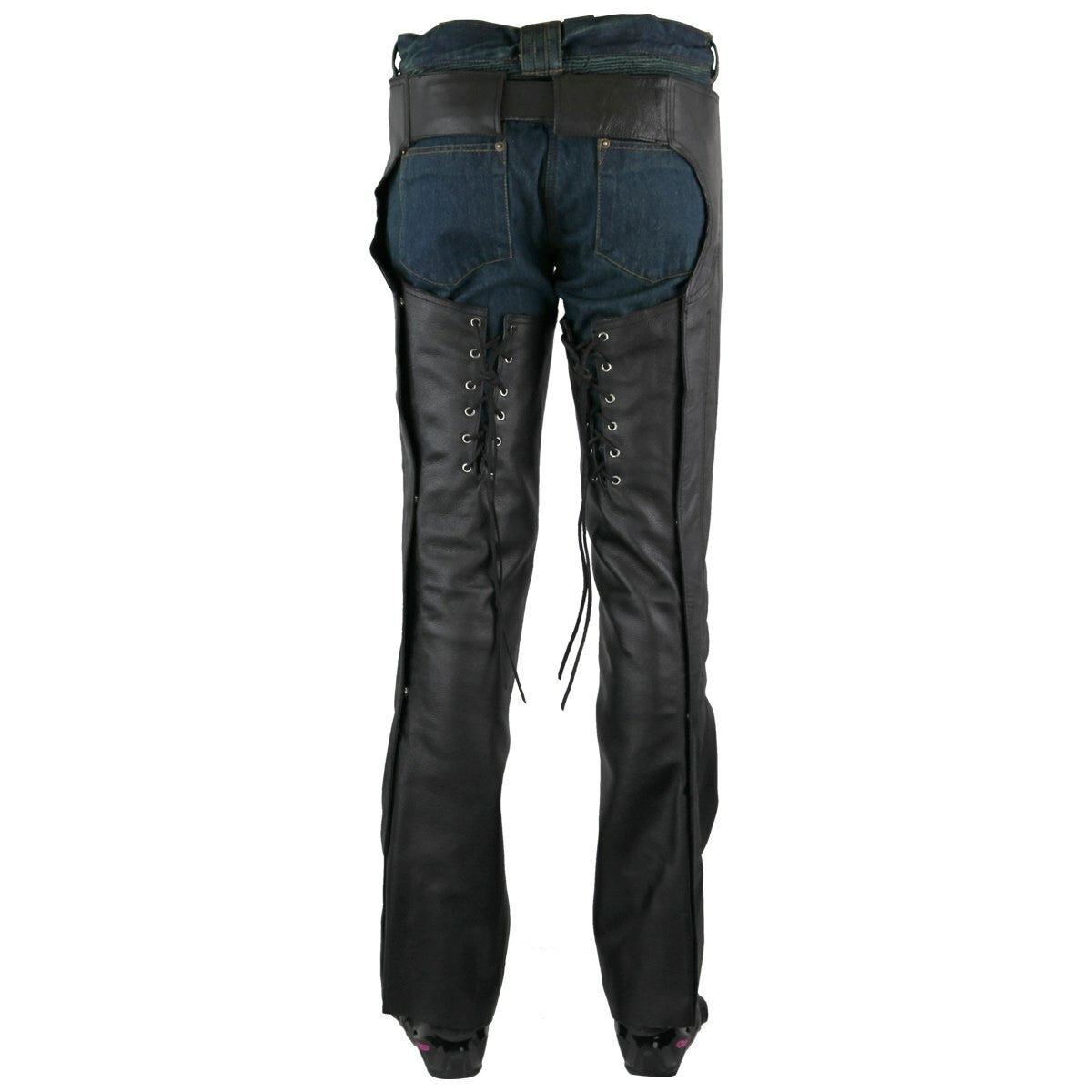 Jafrum LC302 Womens Black Premium Cowhide Low Rise Lady Biker Motorcycle Riding Leather Chaps - Back View