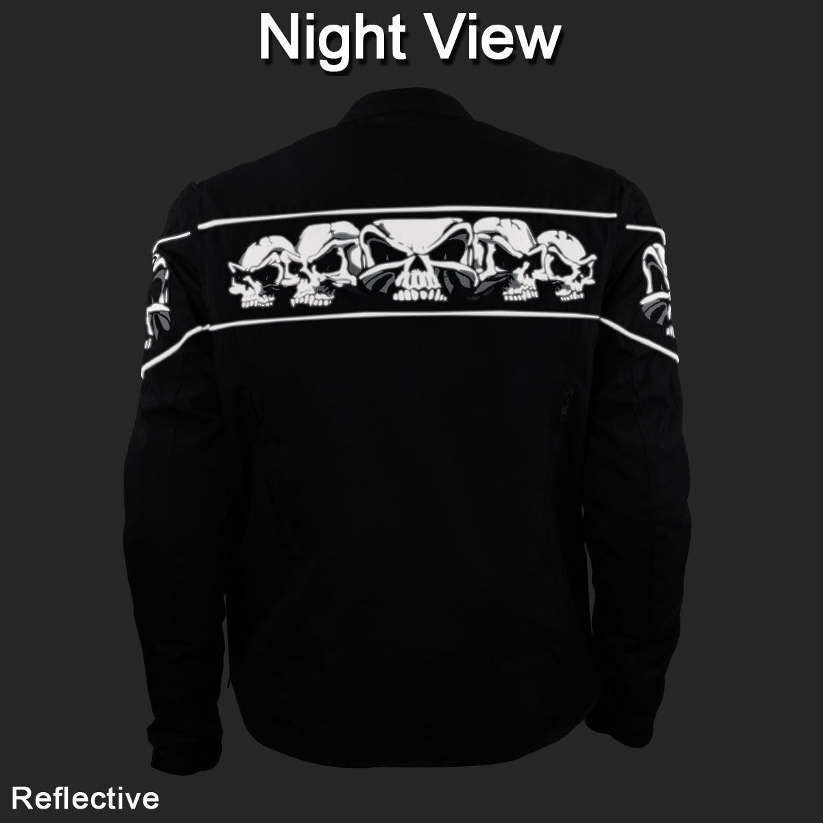 Mens Black Embroidered Reflective Skull CE Armored Textile Biker Motorcycle Jacket - Night View-1