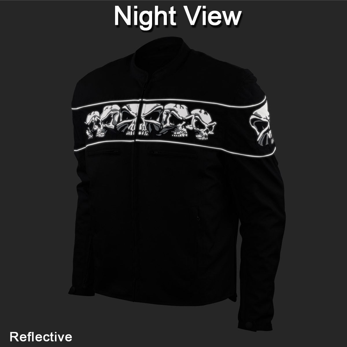 Mens Black Embroidered Reflective Skull CE Armored Textile Biker Motorcycle Jacket - Night View
