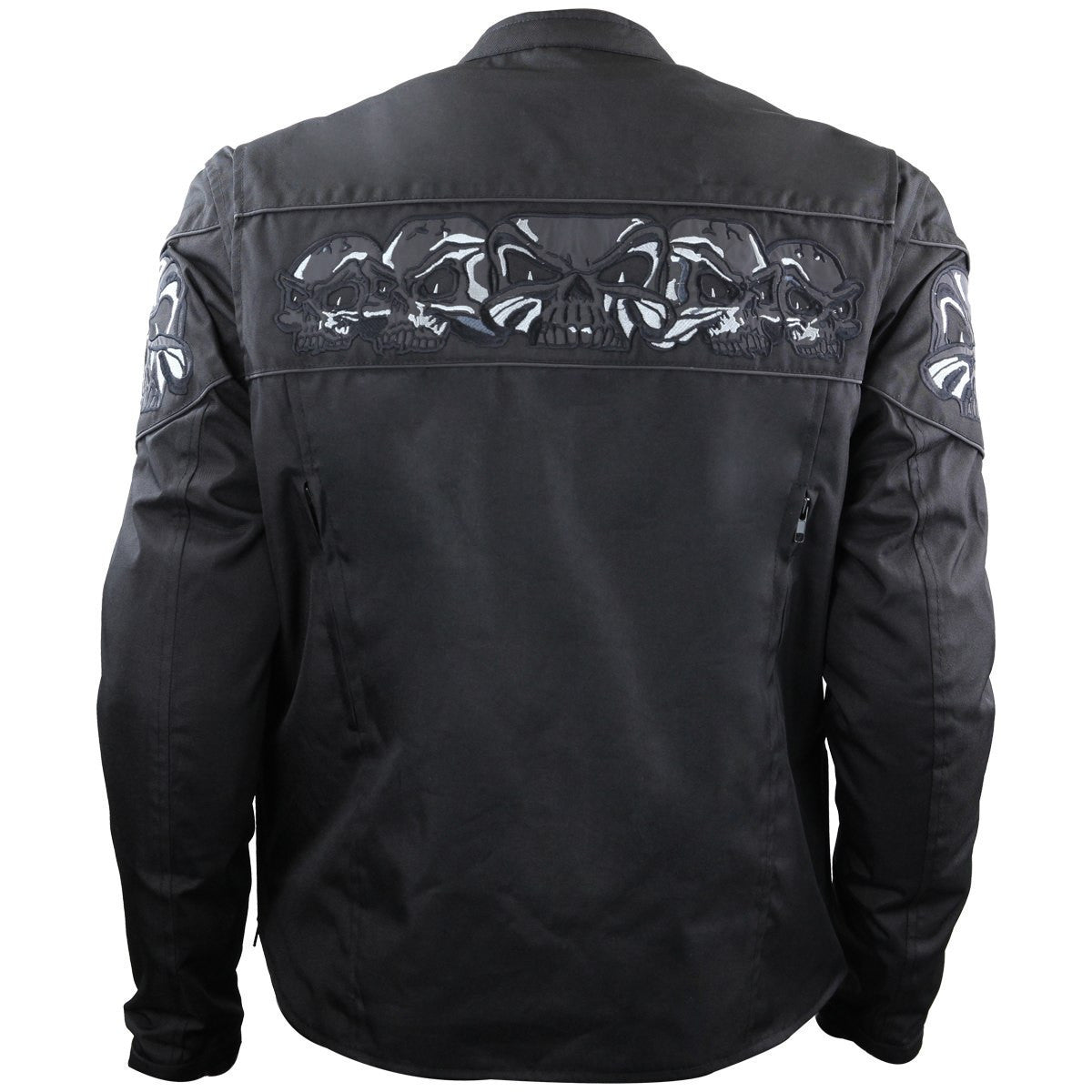 Mens Black Embroidered Reflective Skull CE Armored Textile Biker Motorcycle Jacket - Back View