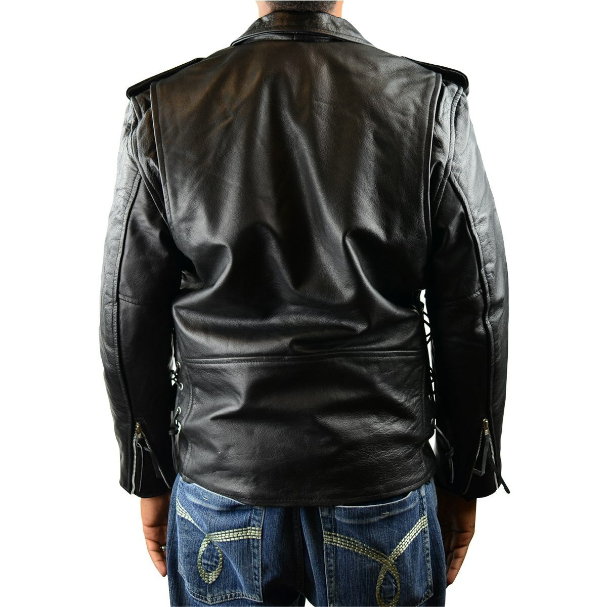 Tall Classic Biker Leather Jacket-Back View