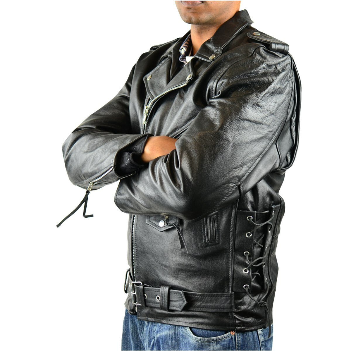Tall Classic Biker Leather Jacket-Side View