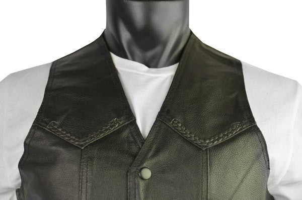 Jafrum MV301 Mens Black Braided Biker Leather Motorcycle Vest-Detail View