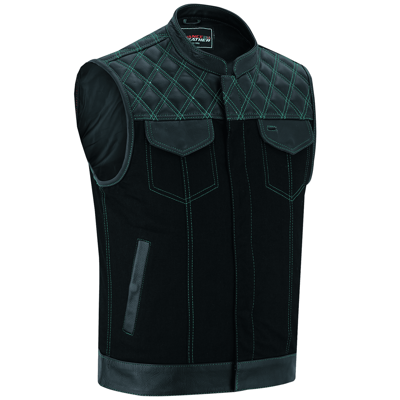 Men's Denim Leather Motorcycle Vest with Green Stitching