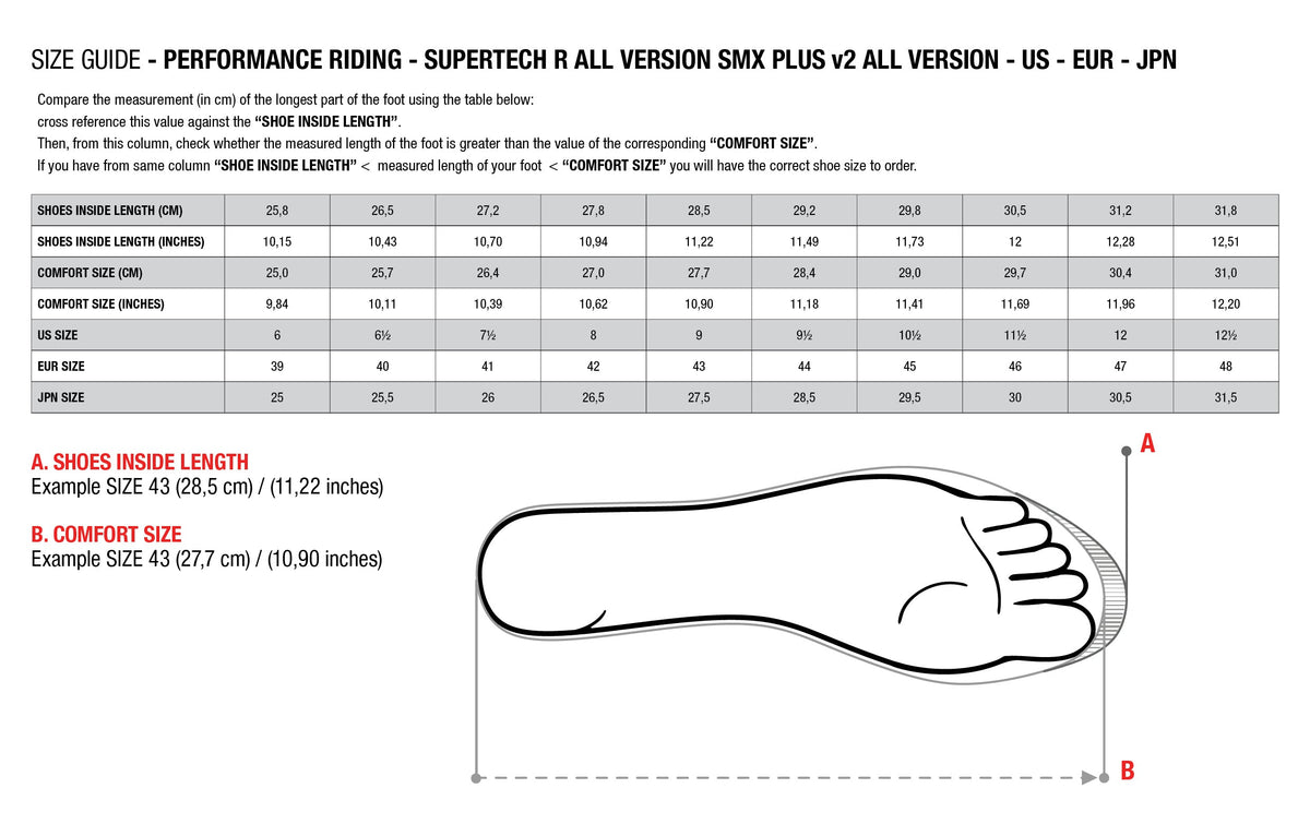 Alpinestars Supertech R Motorcycle Boots Size Chart