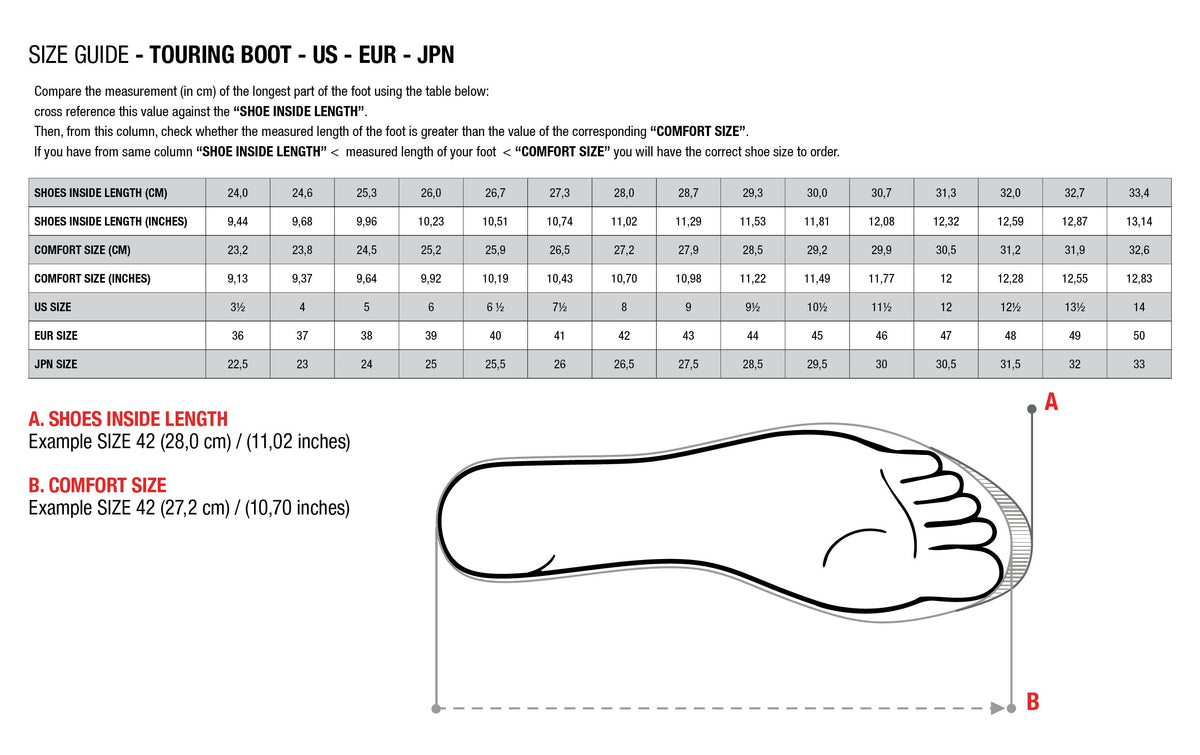 Alpinestars Touring Motorcycle Boots Size Chart