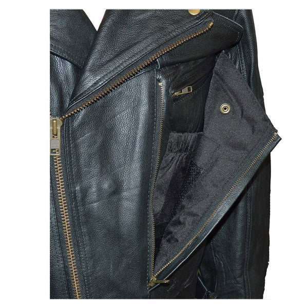 Vance VL509 Men's Functional Pockets Black Premium Cowhide Biker Cruiser Jacket - Detail