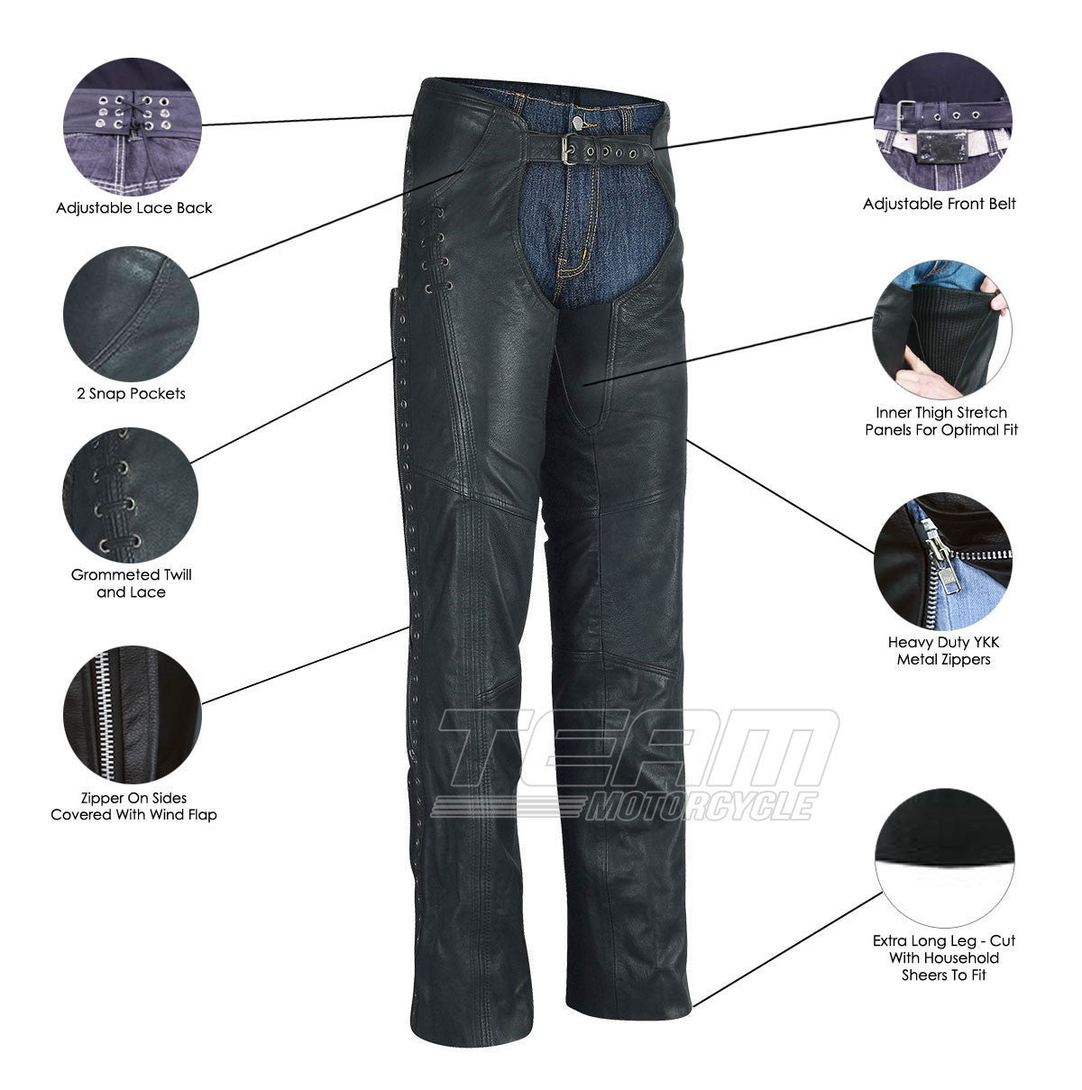 High Mileage HML838B Women's Black Premium Top Grain Goatskin Lady Biker Motorcycle Leather Chaps with Grommeted Twill and Lace - Infographics