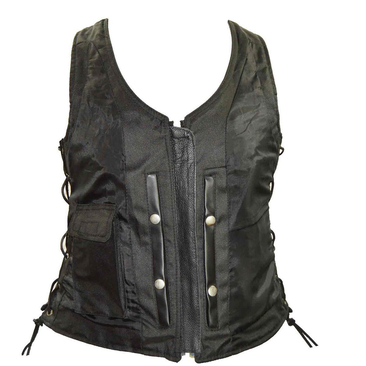 Vance VL1029 Women's Black Lace Side Zipper Pocket Premium Cowhide Leather Biker Motorcycle Vest