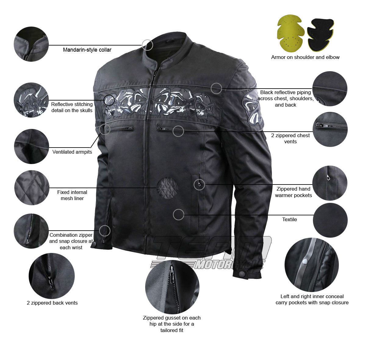 Mens Black Embroidered Reflective Skull CE Armored Textile Biker Motorcycle Jacket - Infographics