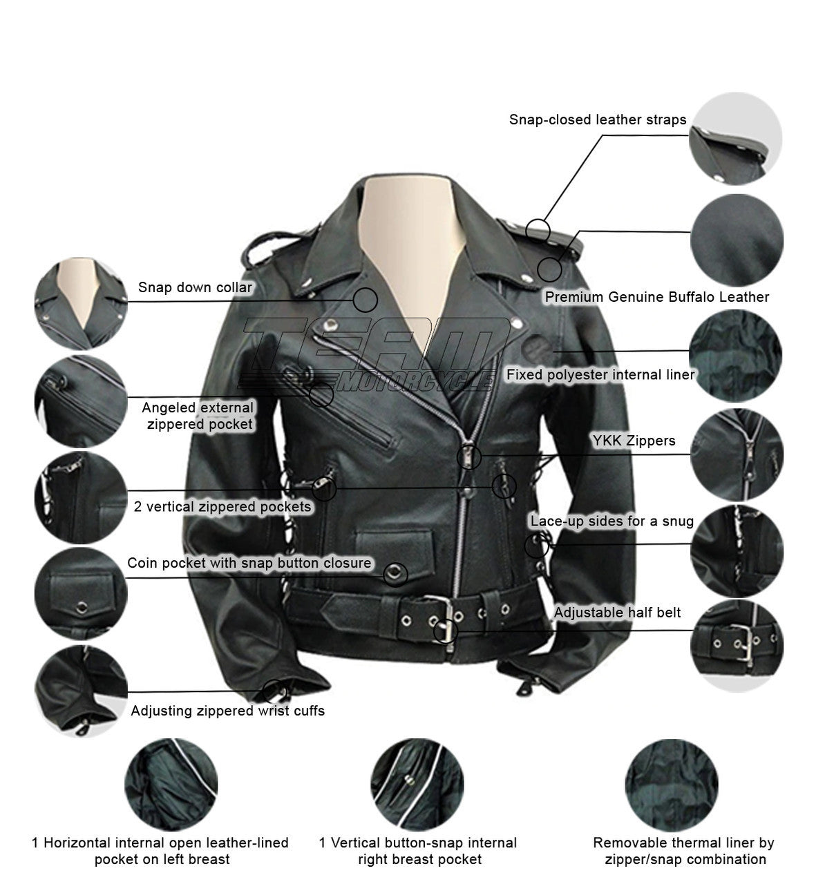 Vance LJ603 Women's Black Classic Leather Lady Biker Motorcycle Jacket - Infographics