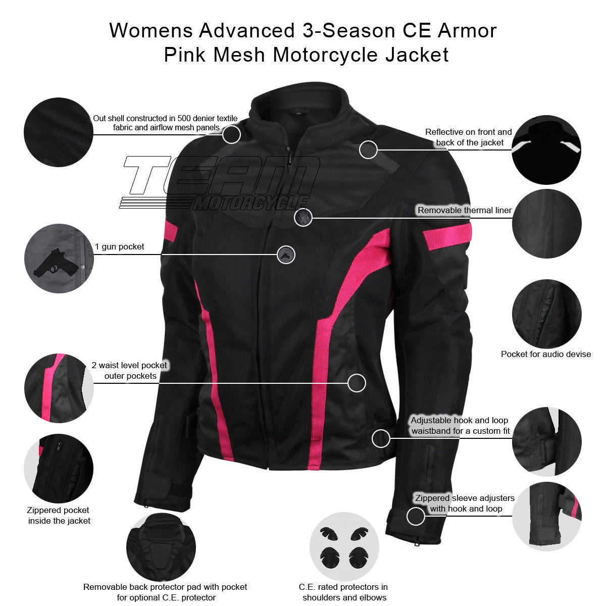 Advance Vance VL1674P Women's Black Pink All Weather Season CE Armor Lady Biker Mesh Textile Motorcycle Riding Jacket -Infographics