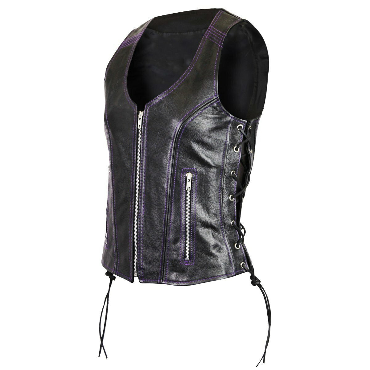 Women's Premium Cowhide Leather Vest Purple Stitching