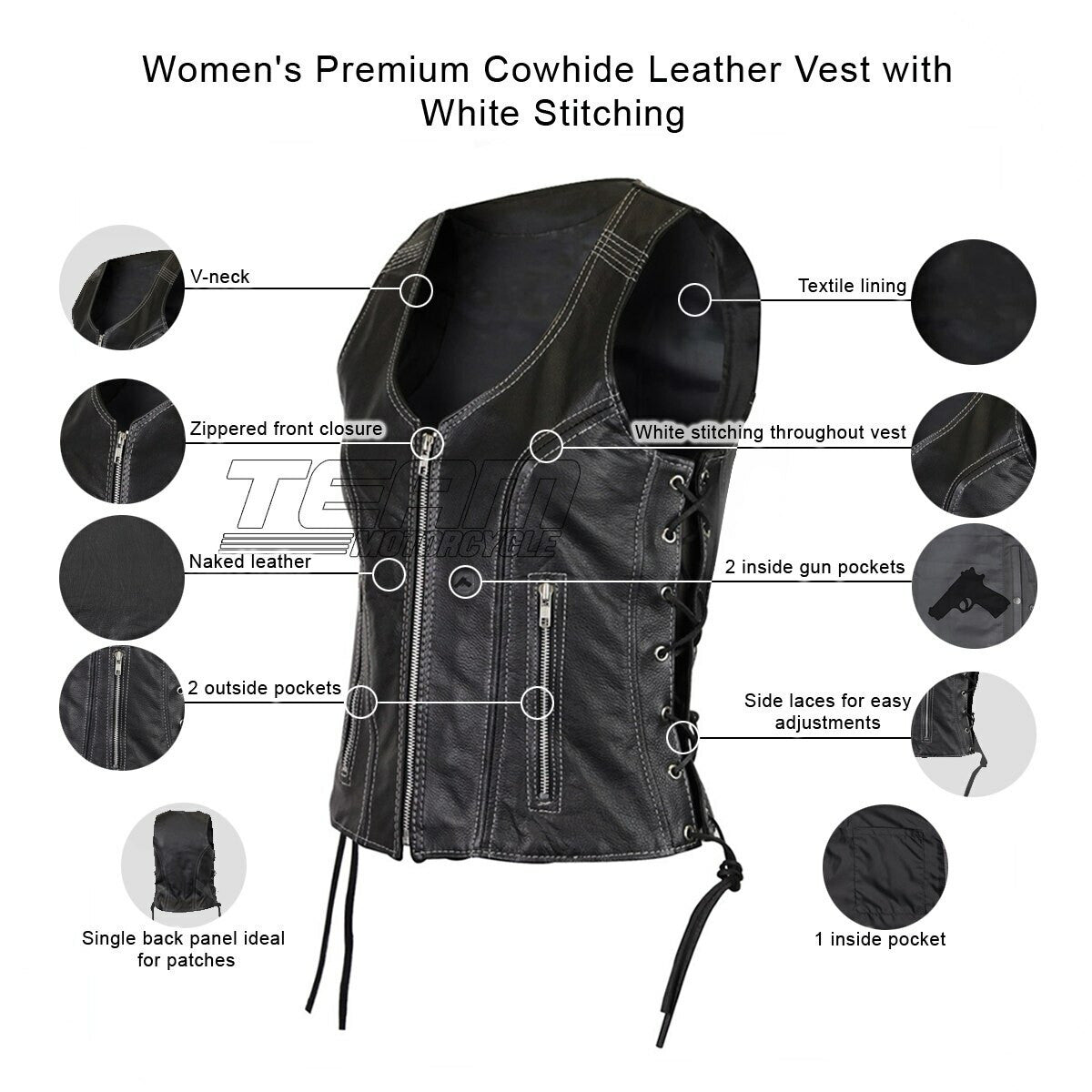 Women's Premium Cowhide Leather Vest with White Stitching - Infographics