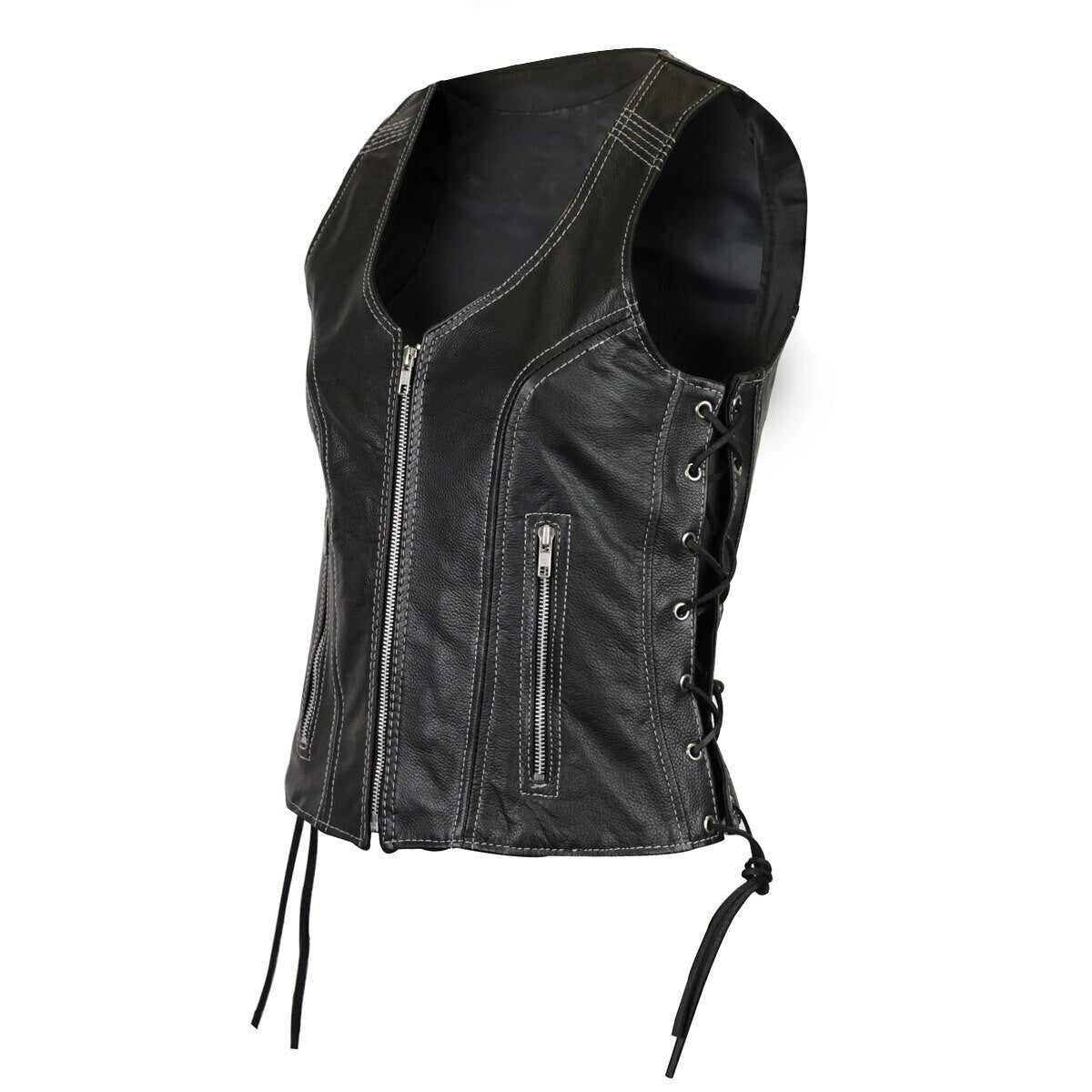 Women's Premium Cowhide Leather Vest with White Stitching
