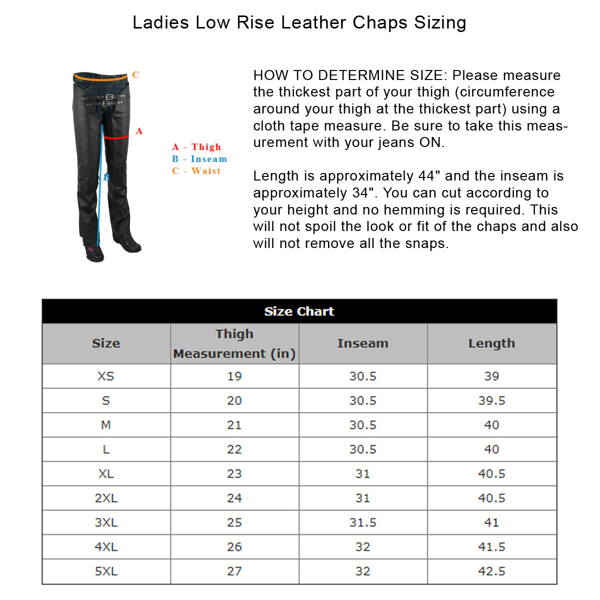 Jafrum LC302 Womens Black Premium Cowhide Low Rise Lady Biker Motorcycle Riding Leather Chaps - Size Chart