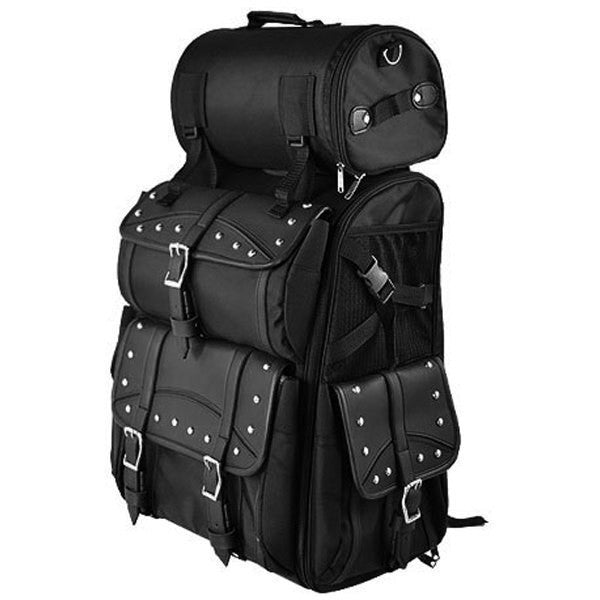 Vance VS34 Black Plain and Studded Large Heavy Duty Deluxe Motorcycle Luggage Travel Sissy Bar Bag