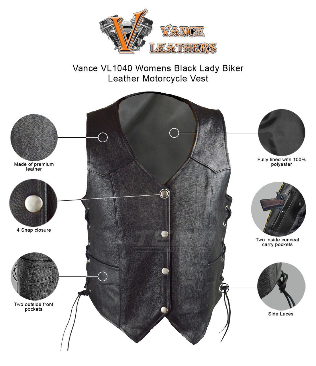 Vance VL1040 Womens Black Lady Biker Leather Motorcycle Vest - Infographics