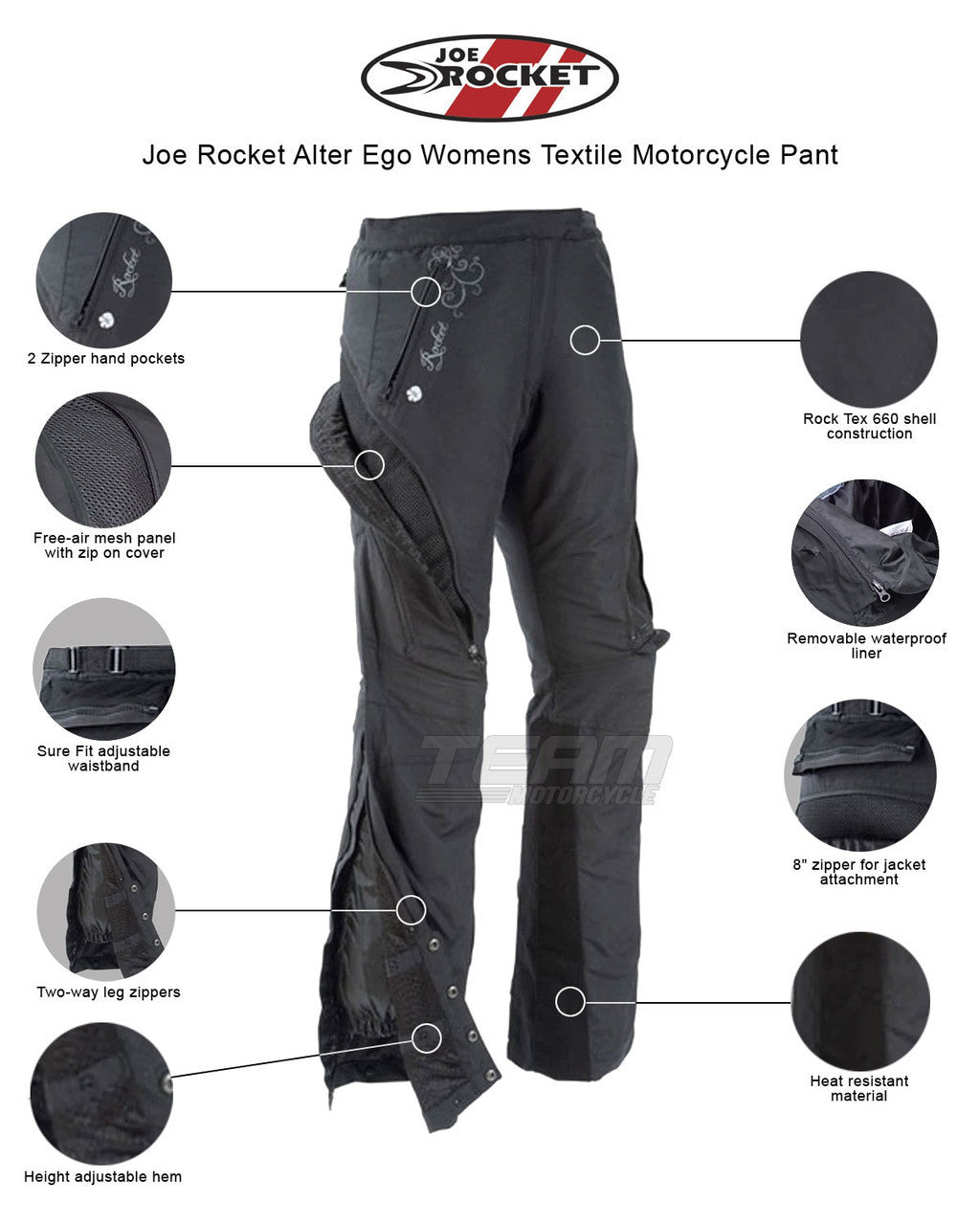 Joe Rocket Alter Ego Womens Textile Motorcycle Pant - Infographics