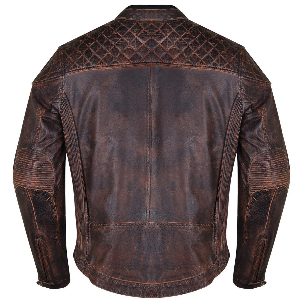 High Mileage HMM521VB Men's Vintage Brown Premium Cowhide Diamond Quilted Shoulder Leather Biker Motorcycle Riding Jacket - Back View