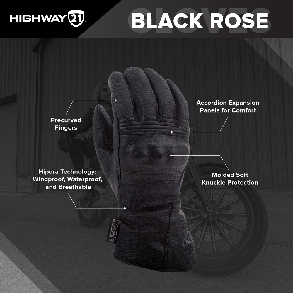 Highway 21 Women's Black Rose Cold Weather Motorcycle Gloves