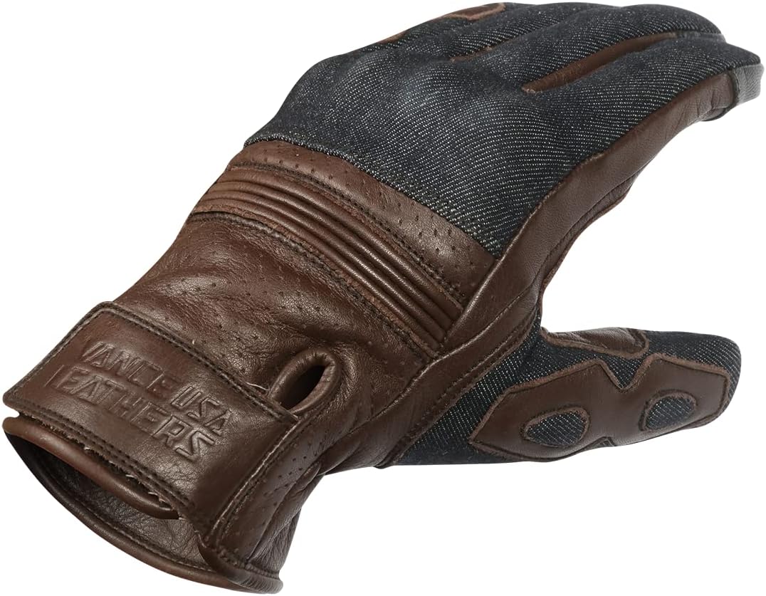Vance Denim & Leather Motorcycle Gloves (Brown) with Mobile Phone Touchscreen