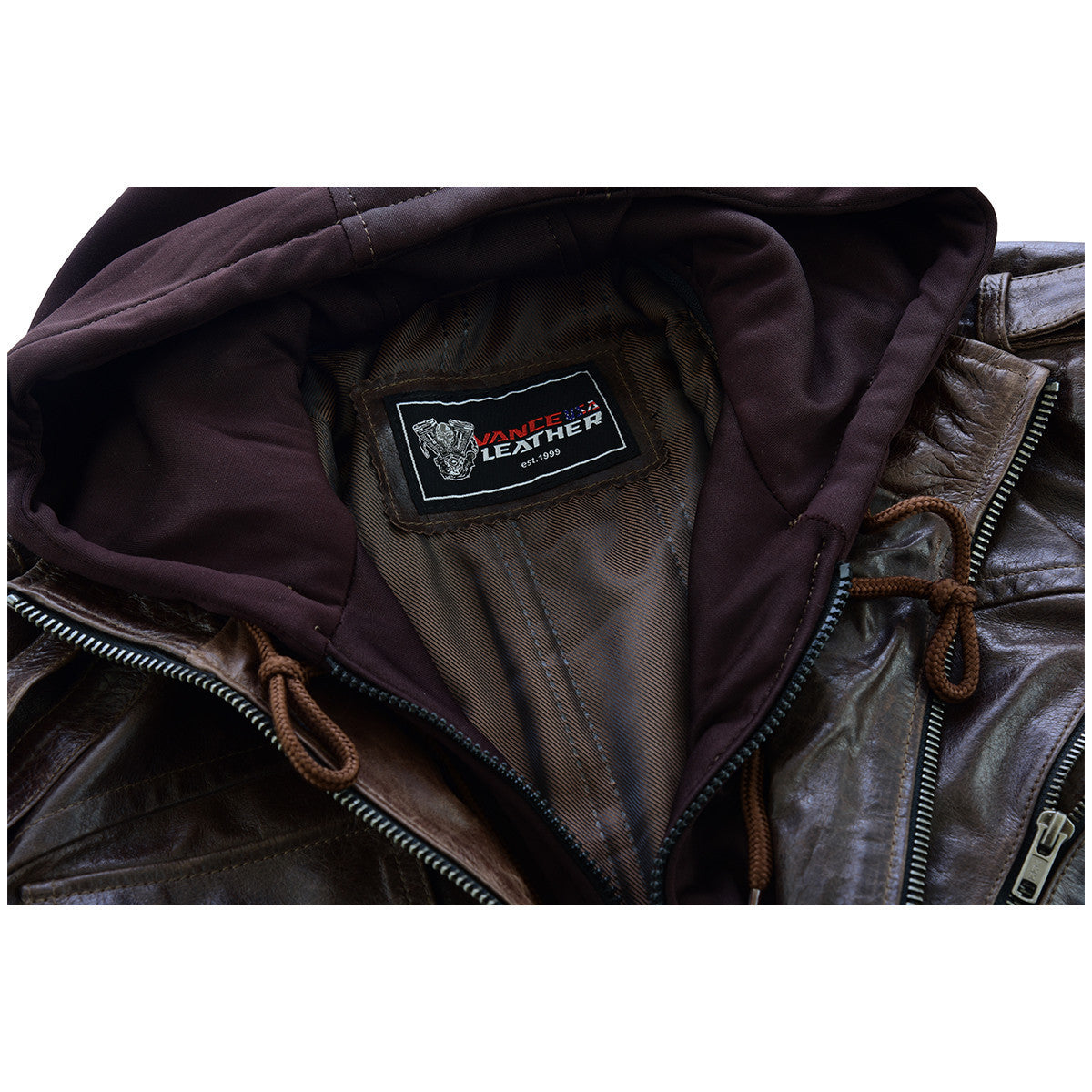 Vance Leather VL551Br Men's Vincent Brown Waxed Lambskin Motorcycle Leather Jacket - Detail-View