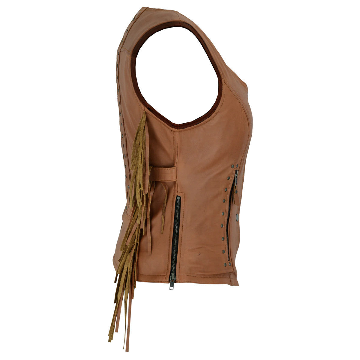 High Mileage HML1103T Ladies Premium Brown Vest with Fringes and Rivets - Side View