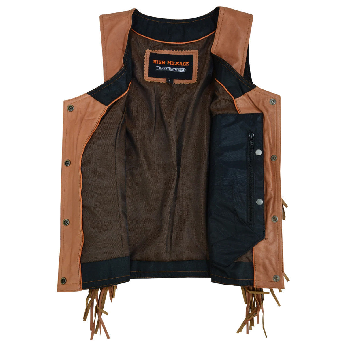 High Mileage HML1103T Ladies Premium Brown Vest with Fringes and Rivets - Open View