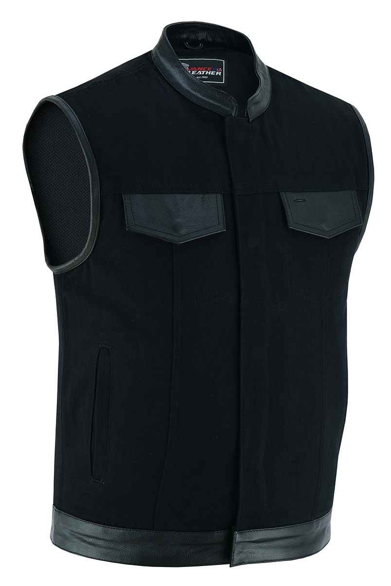 Vance Denim Black Club Vest with Leather Trims Team Motorcycle