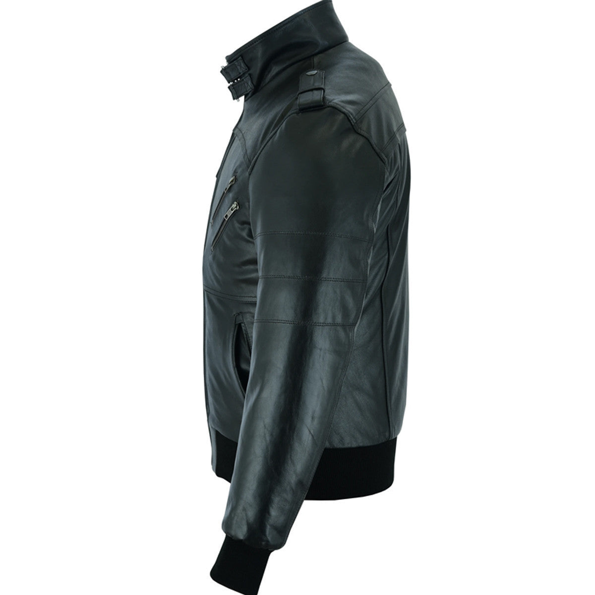 Vance Leather VL551B Men's Sven Bomber Black Waxed Premium Cowhide Motorcycle Leather Jacket with Removeable Hood - side