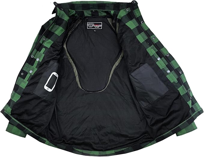 Mens Armored Motorcycle Flannel Shirt, Multiple Waterproof Storage Pockets CE Approved Armor Reinforced by Aramid Fiber