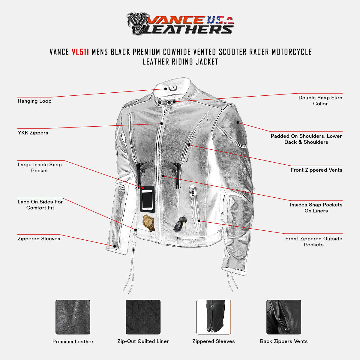 Vance VL511 Mens Black Premium Cowhide Vented Scooter Racer Motorcycle Leather Riding Jacket - Infographics