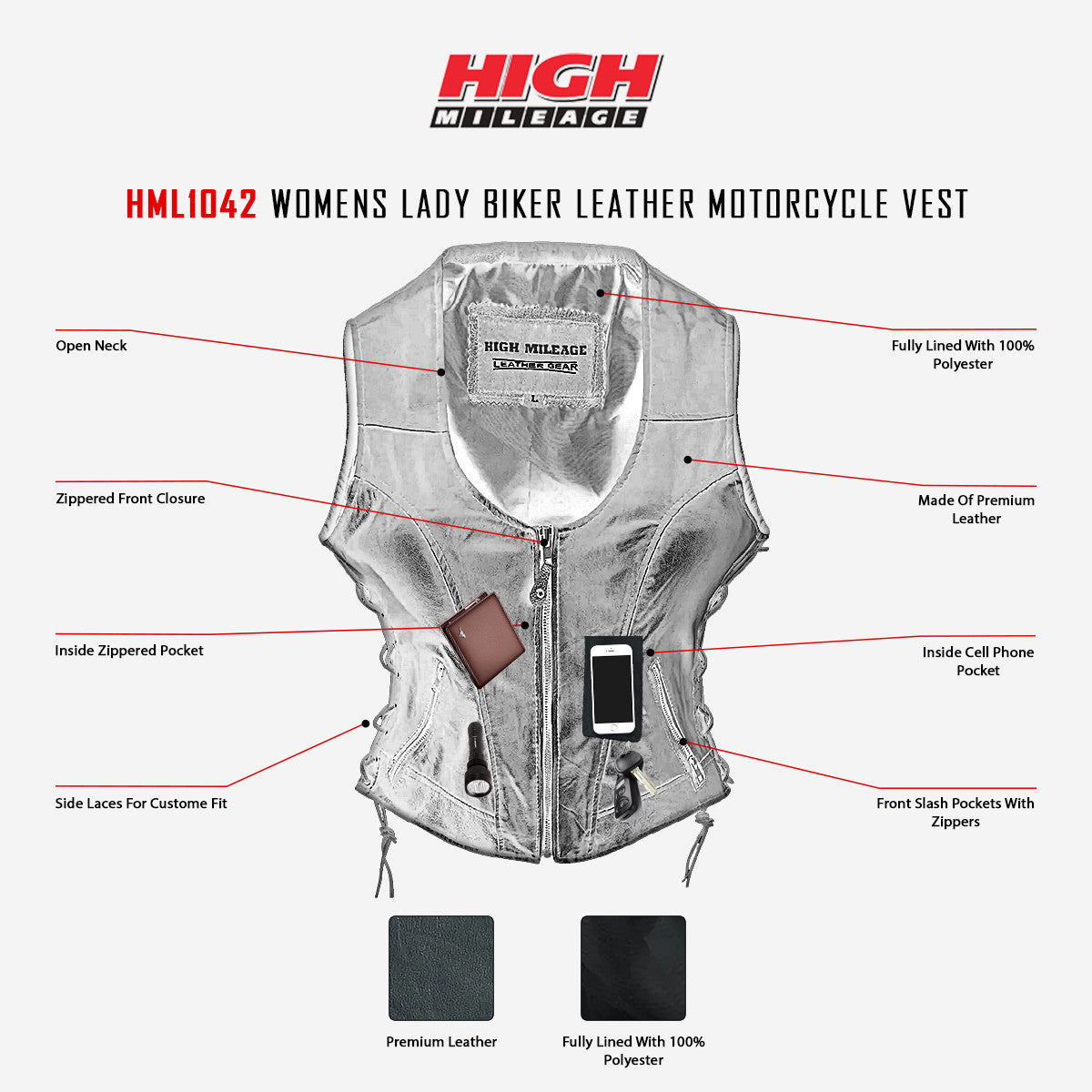 High Mileage HML1042 Womens Lady Biker Leather Motorcycle Vest - Infographics