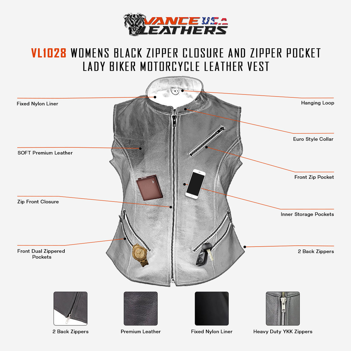 Vance VL1028 Womens Black Zipper Closure and Zipper Pocket Lady Biker Motorcycle Leather Vest - Infographics