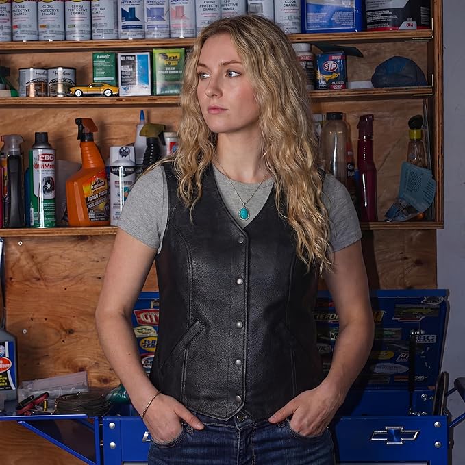 Womens Black Five Snap Lady Biker Leather Motorcycle Vest