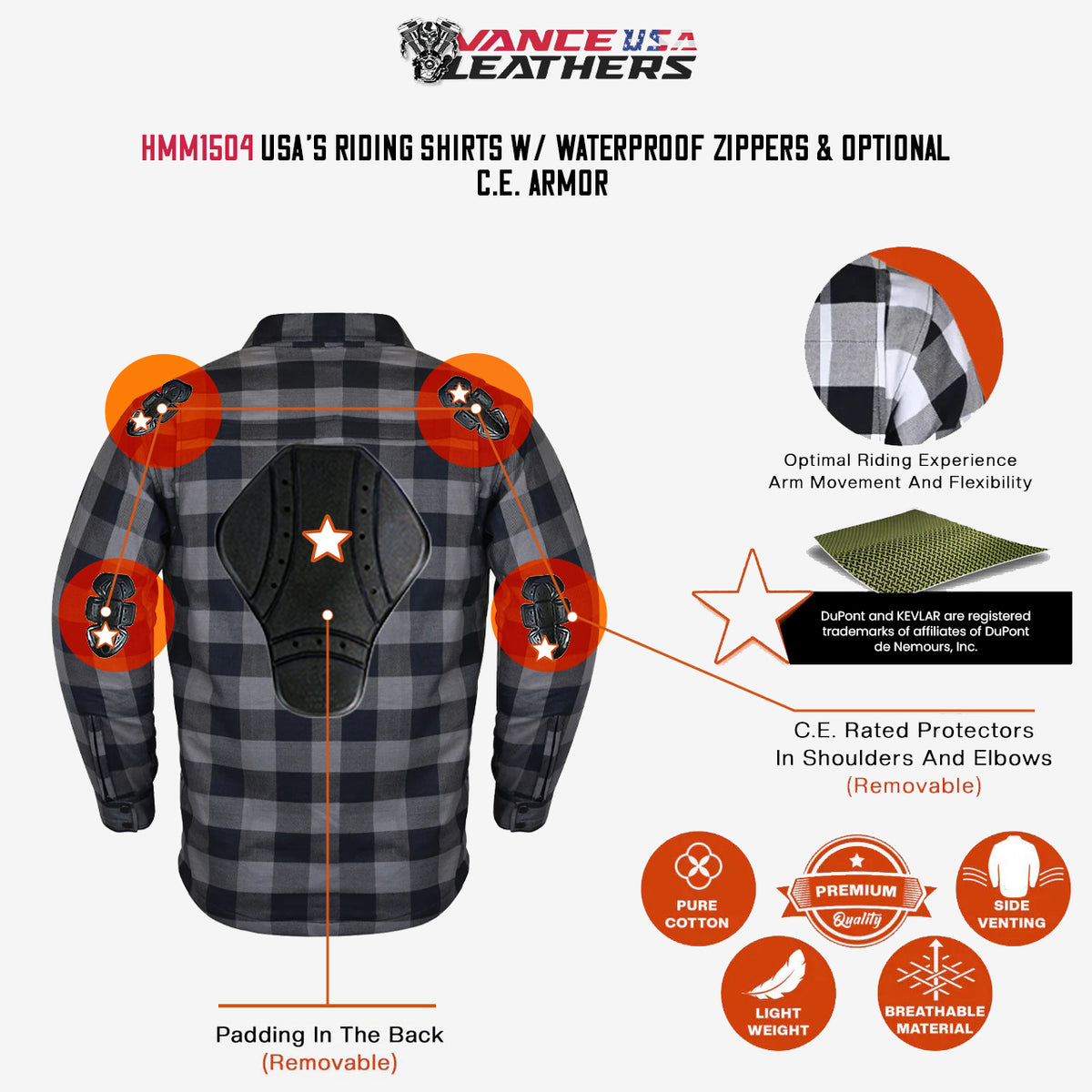 Armored riding shirt diagram showing removable CE shoulder and elbow armor plus a back pad and aramid reinforcement.