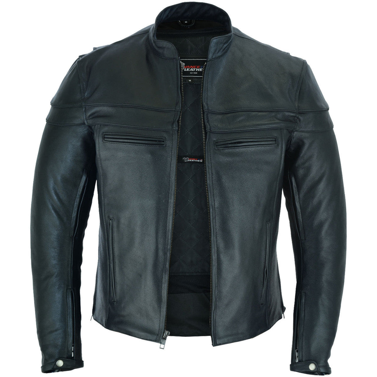 Black cowhide cafe racer jacket unzipped, showing its lining, Euro collar, horizontal chest piping, and zippered waist pockets.