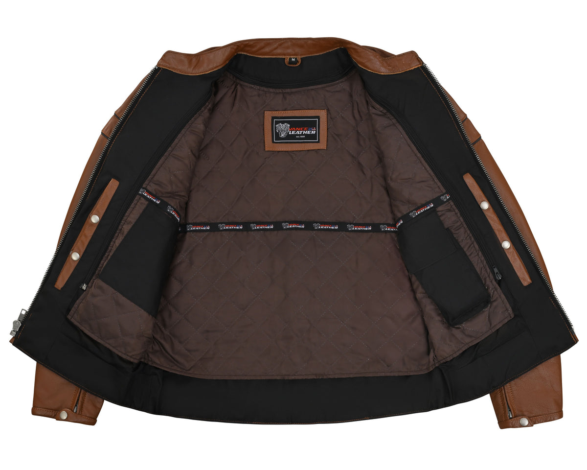 Brown leather motorcycle jacket opened flat to show its lining, dual leather-trimmed CCW snap pockets, and accessory pockets.
