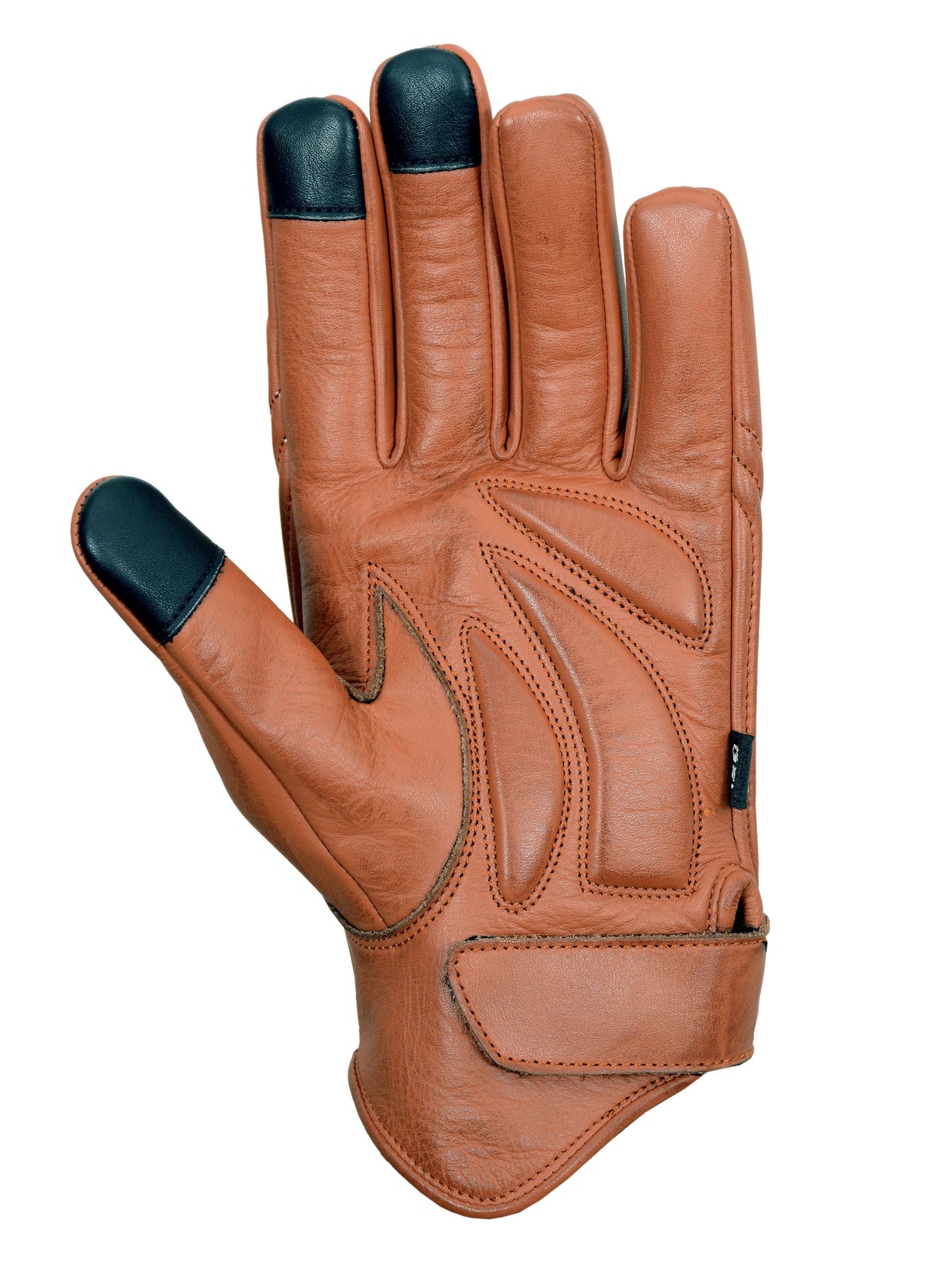 Palm view of a brown leather riding glove with stitched gel padding, black touchscreen fingertip panels, and a wrist strap.