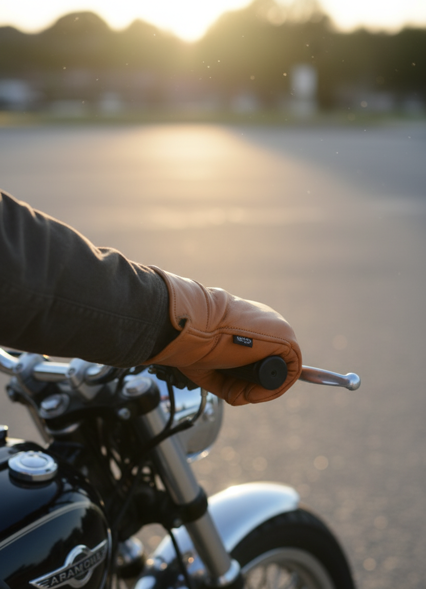 Rider wearing a brown leather motorcycle glove gripping a handlebar in warm evening sunlight.