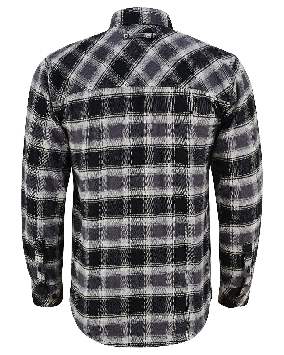Back view of the Castlerock men's plaid cotton flannel shirt showing the diagonal plaid shoulder yoke and curved hem.