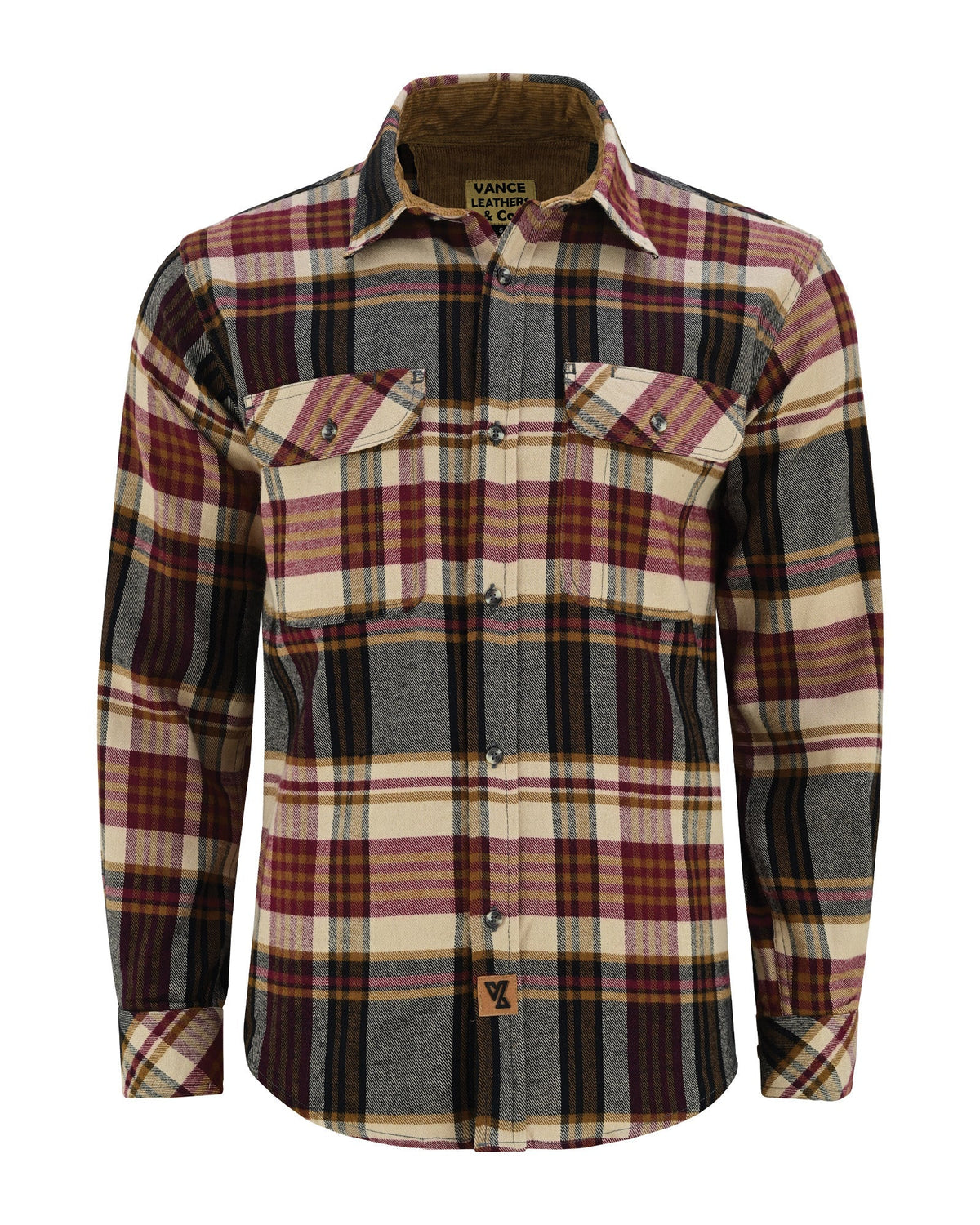 Front view of the Cedarwood Plaid casual flannel shirt with open collar revealing tan lining and the Vance label.