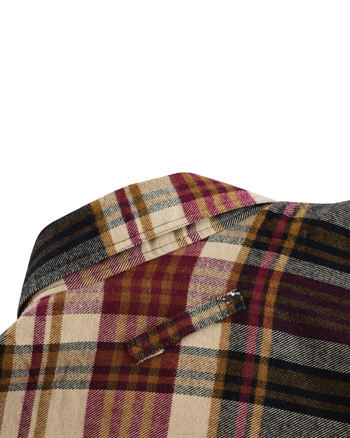Close-up of the Cedarwood Plaid flannel shirt's back collar, diagonal plaid shoulder yoke and hanging loop.