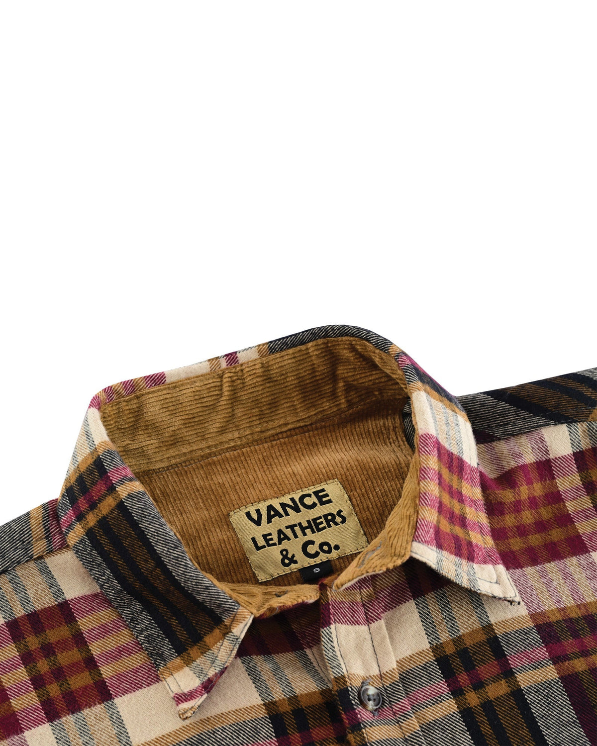 Close-up of the Cedarwood Plaid flannel shirt's tan corduroy-lined collar and Vance Leathers label.