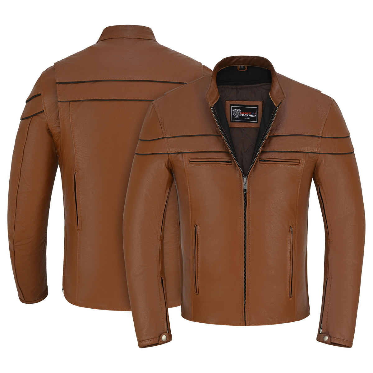 Front and back views of the cognac cafe racer motorcycle jacket, showing black racing piping, waist pockets, and rear vents.