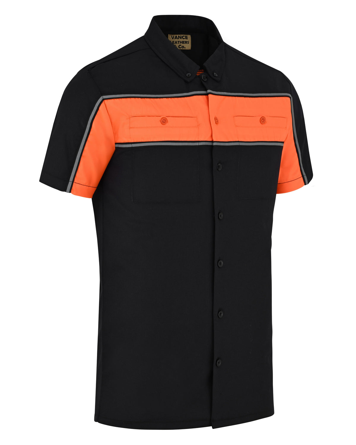 Vance Men's Black Orange Heavy-Duty Button up Mechanic Work Shirt w/ Reflective Strip - side