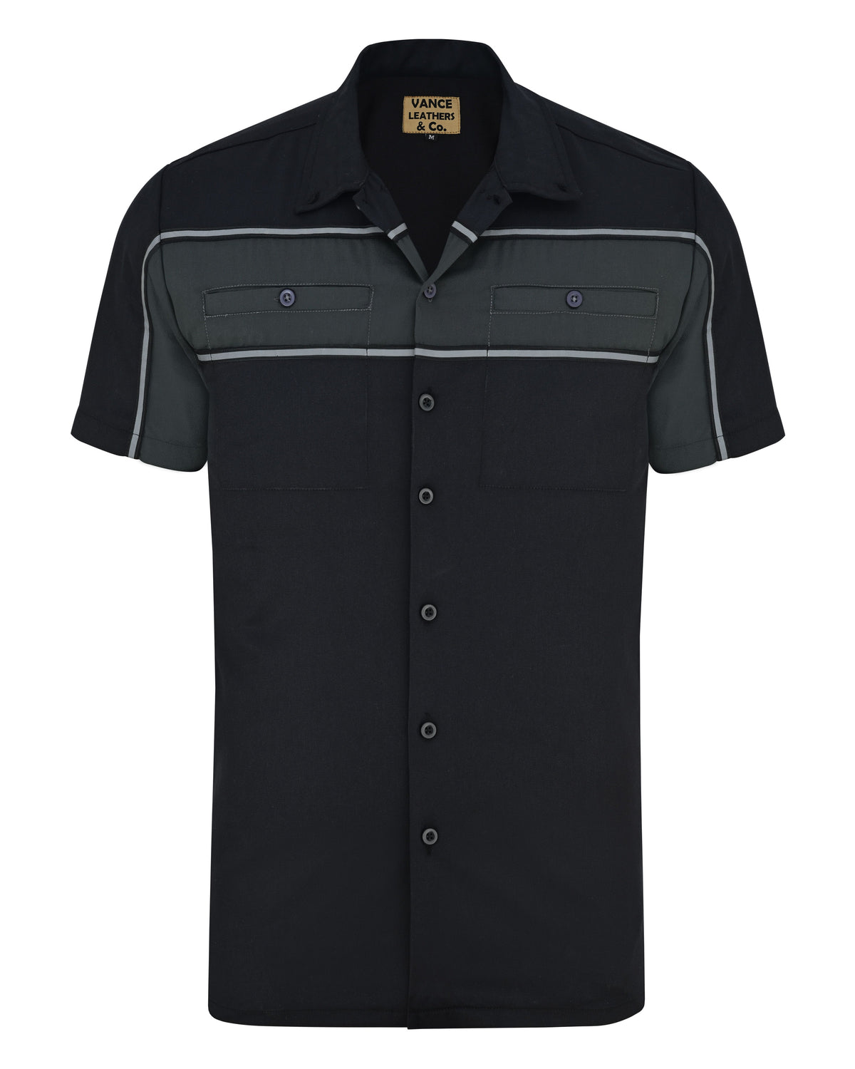 Vance Men's Black Gray Heavy-Duty Button up Mechanic Work Shirt w/ Reflective Strip - front